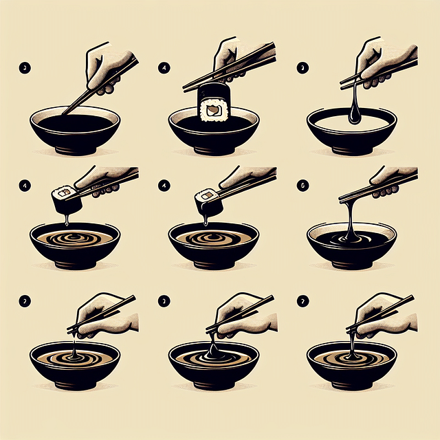 dipping sushi into soy sauce