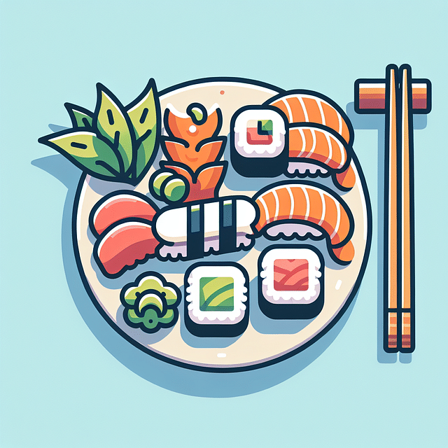 sushi plate garnished with cucumber, ginger, and shiso leaves