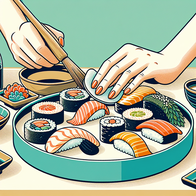 hand wiping the edge of a plate with sushi on it