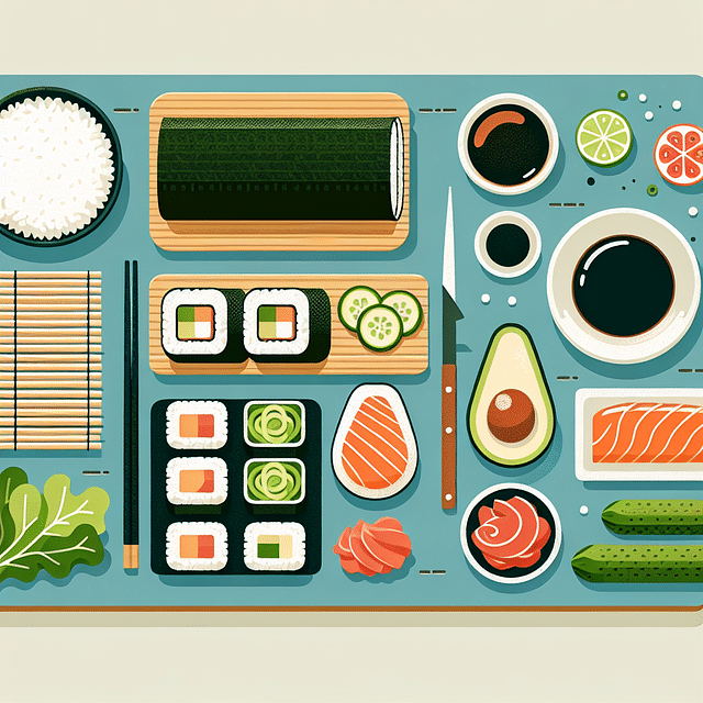 sushi ingredients laid out on a table