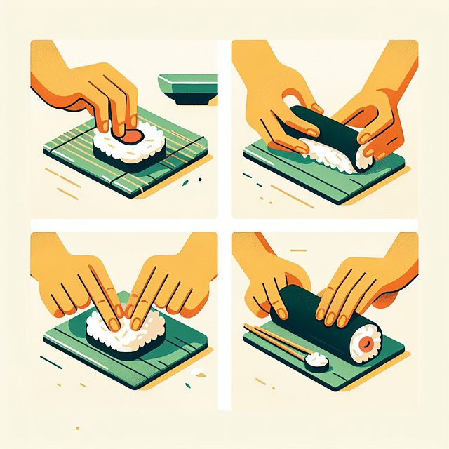 hands shaping sushi rice for nigiri and spreading rice on nori for maki