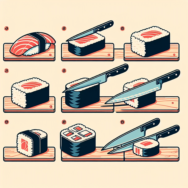 sharp knife slicing nigiri and maki roll into pieces