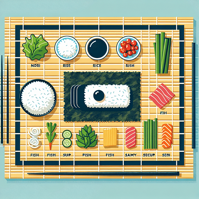 nori laid out on a bamboo mat with a layer of rice and strips of fish and vegetables