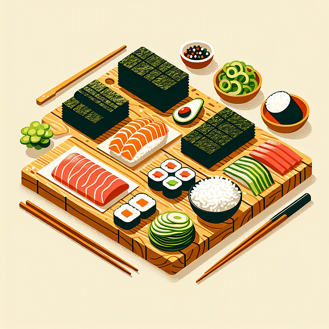 sushi-grade fish, fresh vegetables, sushi rice, nori, bamboo mat arranged on a kitchen counter