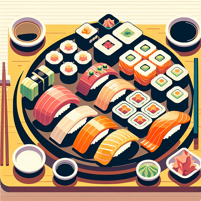 sushi platter served with soy sauce, wasabi, and pickled ginger