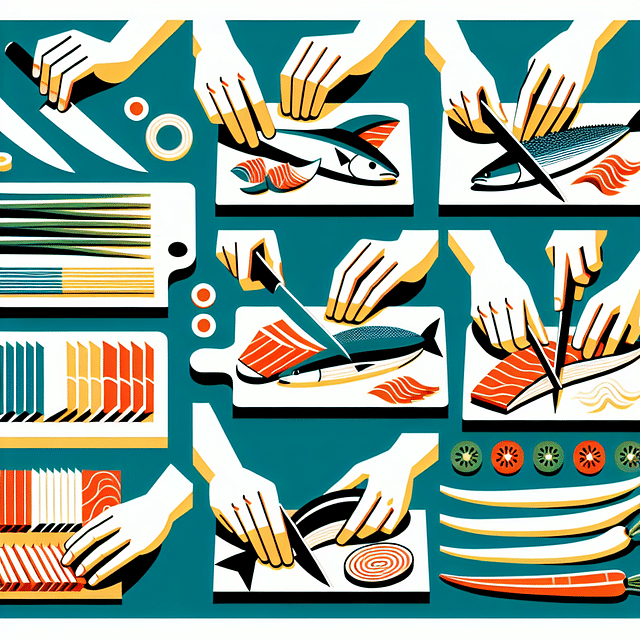 sushi-grade fish and vegetables being sliced into thin strips