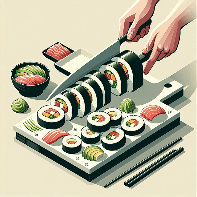 sushi roll being sliced into pieces and arranged on a platter
