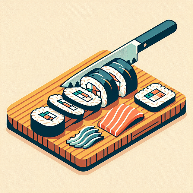 cutting sushi roll into pieces