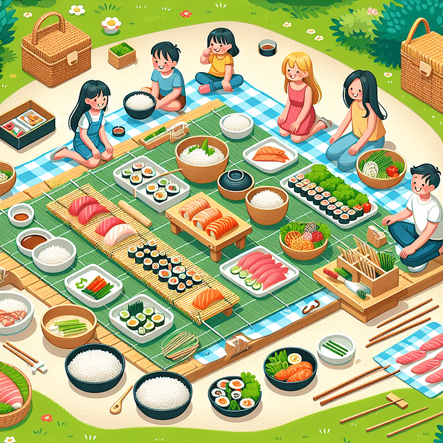 sushi assembly station picnic setup