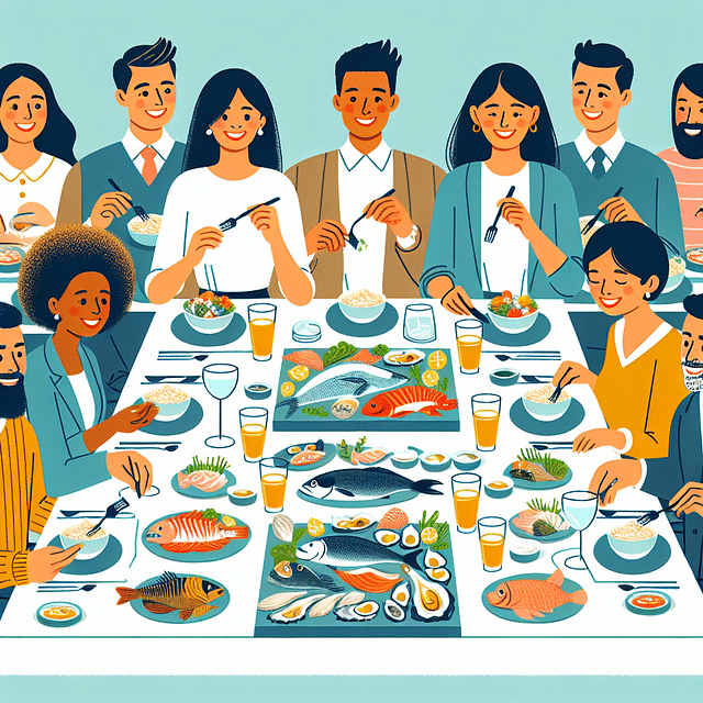 guests enjoying a sustainable seafood spread