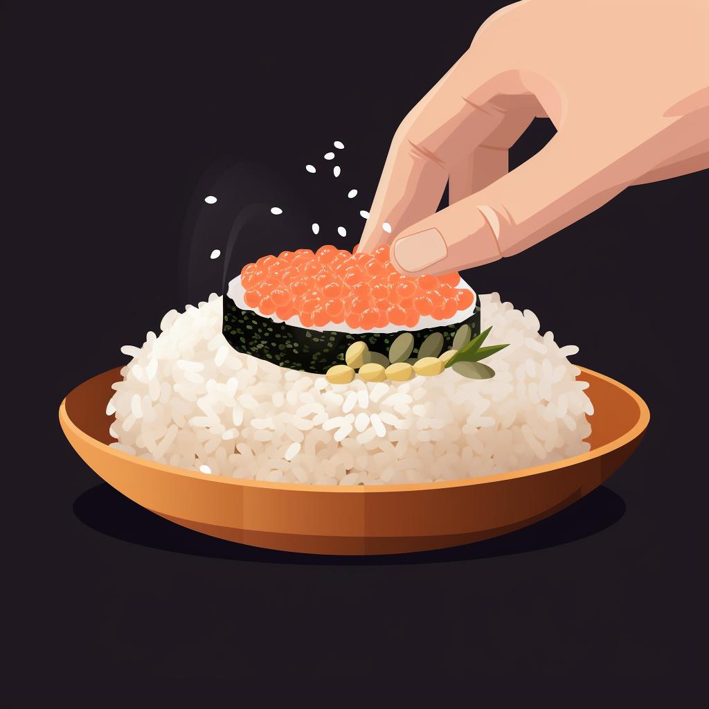 Roe being placed on top of shaped sushi rice