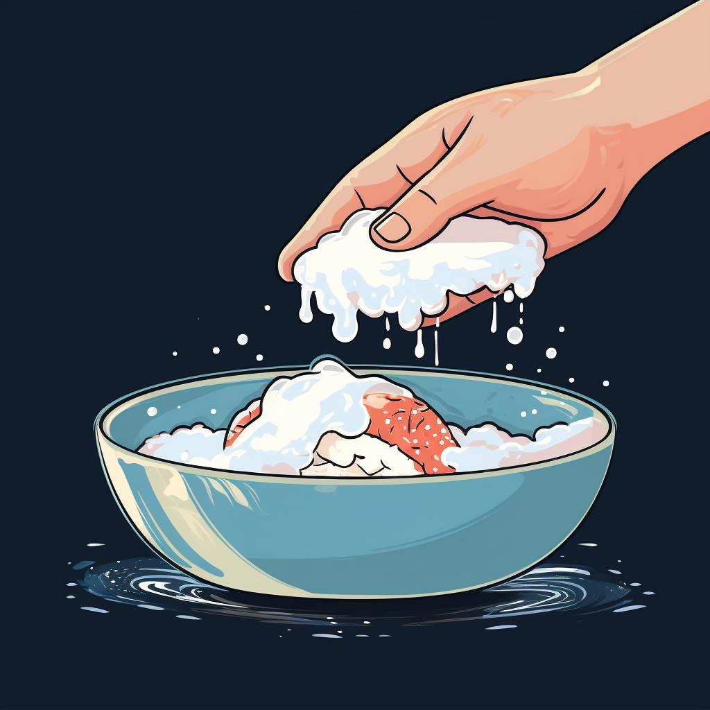A hand rinsing sushi rice under running water