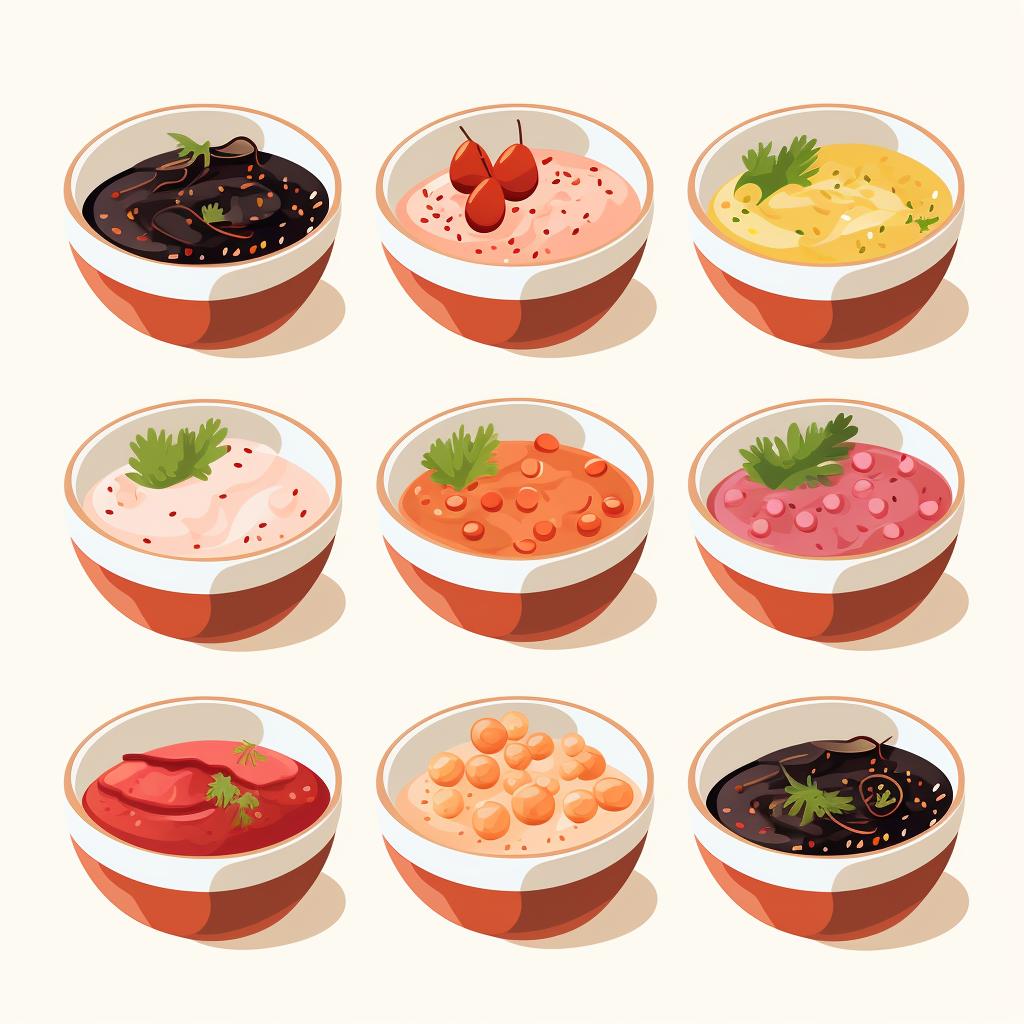 Different types of roe displayed in separate bowls