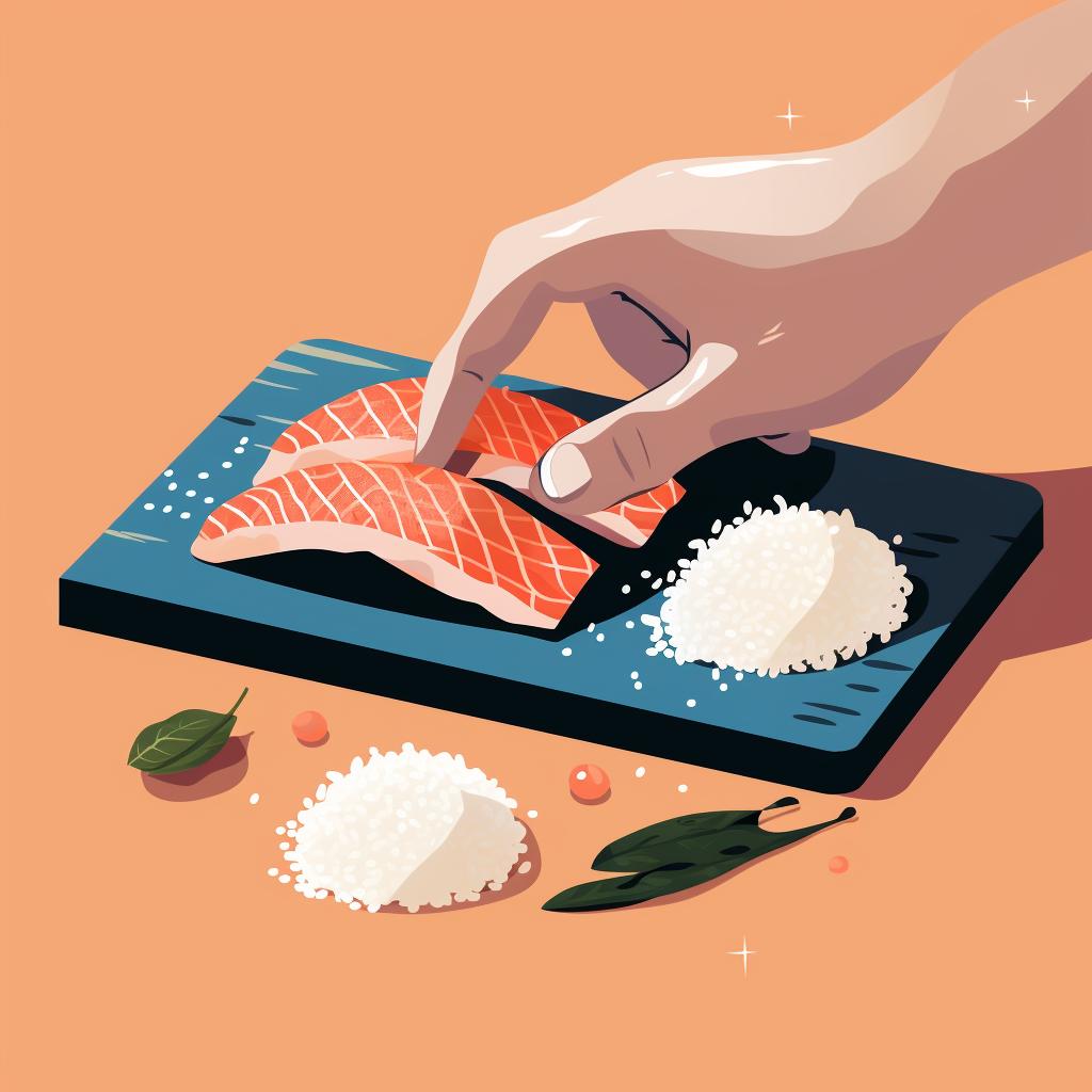 Hands shaping sushi rice into nigiri