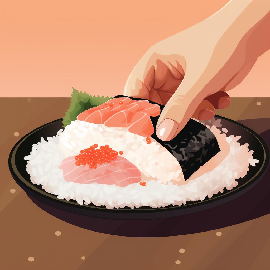 Hands shaping sushi rice with a slice of Hamachi on top