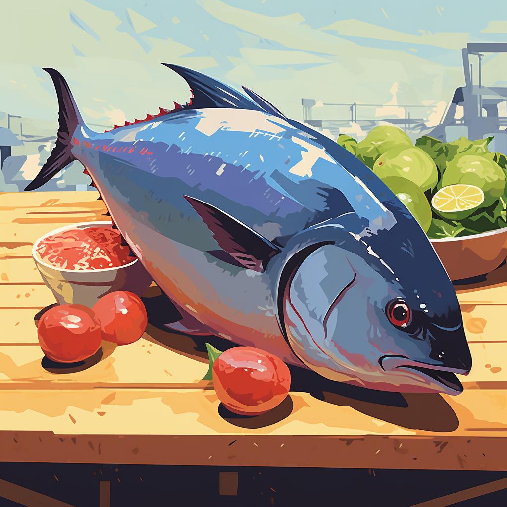 A fresh bluefin tuna on a market stall