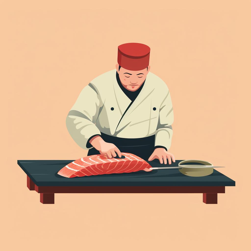 A sushi chef skillfully slicing the Toro
