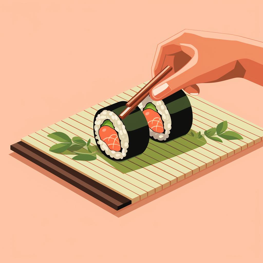 Sushi roll being assembled on a bamboo mat