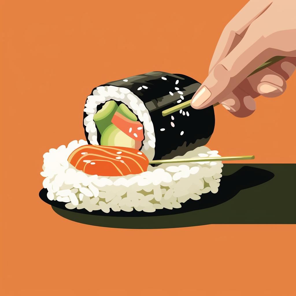 A sushi roll being made with Kani and other fillings.