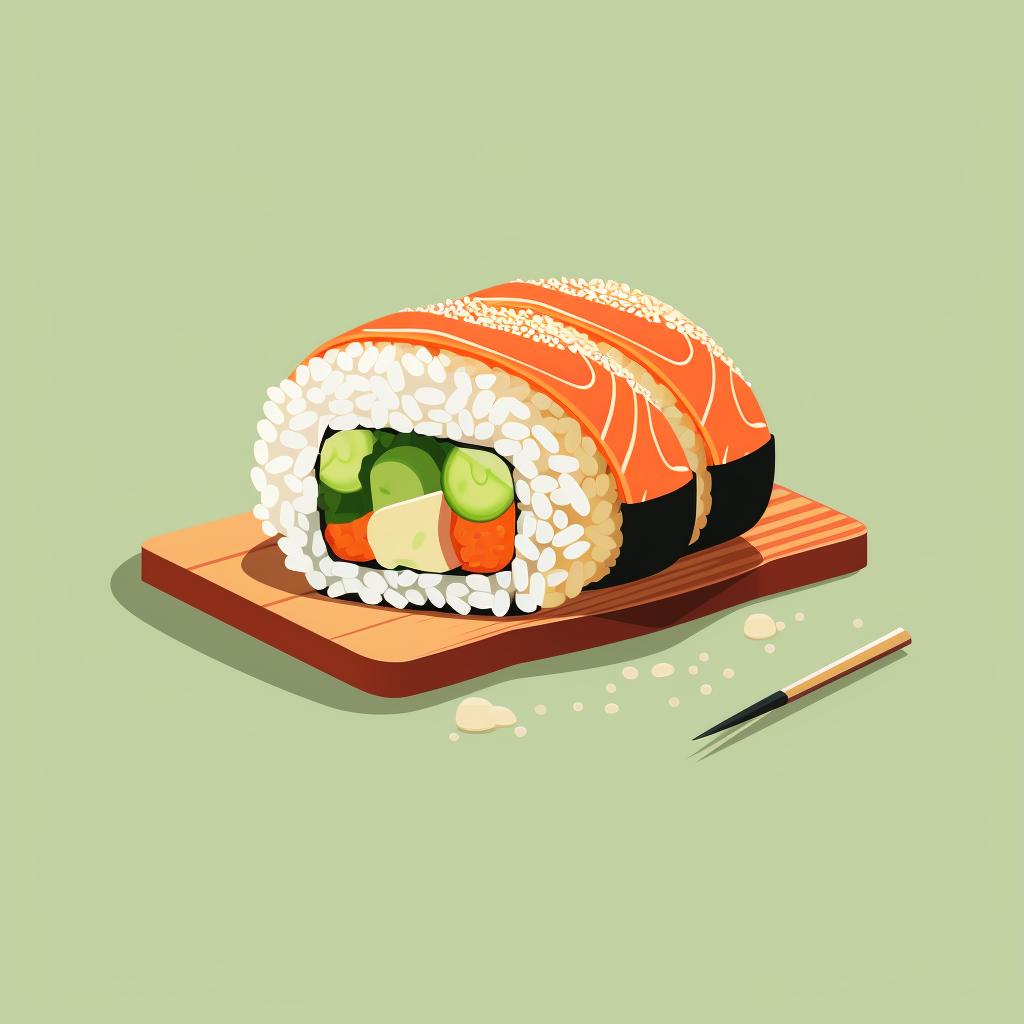 A sushi roll being cut into bite-sized pieces.