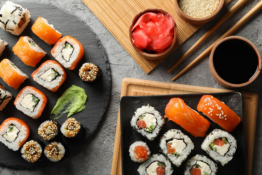 Assortment of sushi rolls showcasing various ingredients
