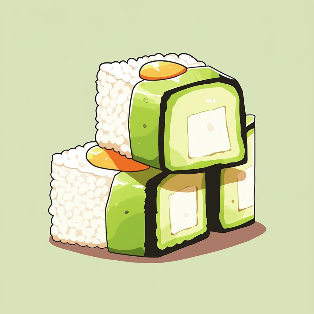 A line of sliced cucumber, avocado, and tofu on the sushi rice.