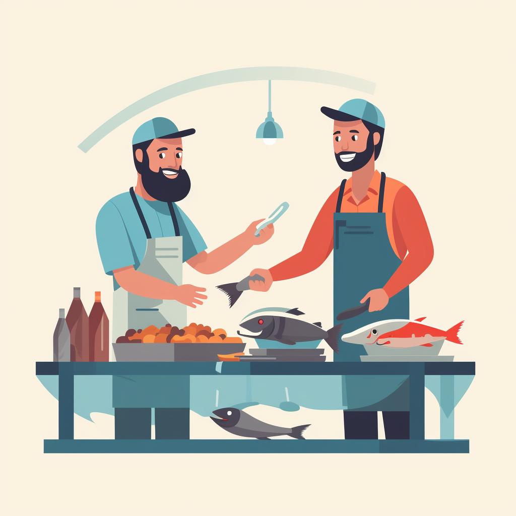 Fishmonger and customer discussing over a fish counter