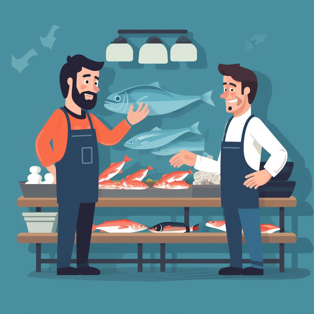 Illustration of a customer talking to a fishmonger.