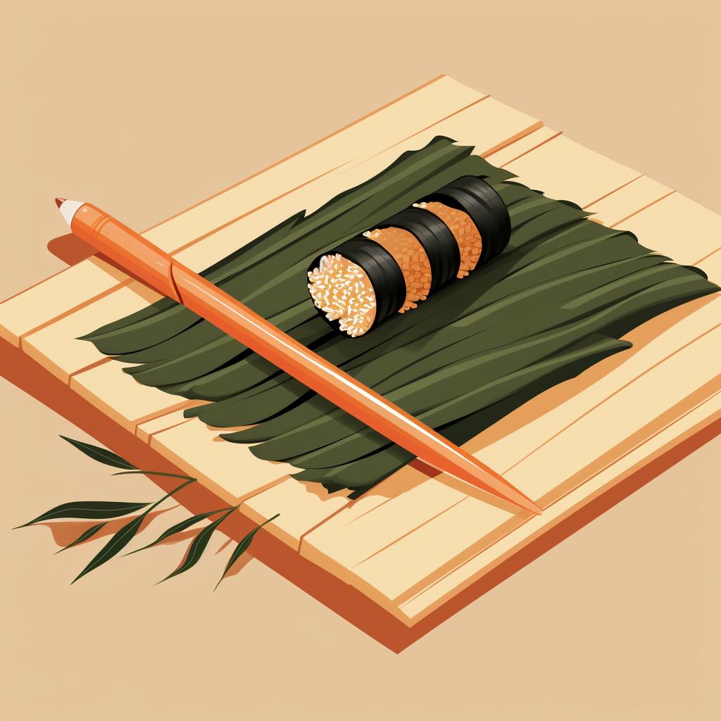 A sushi roll being assembled on a bamboo mat.