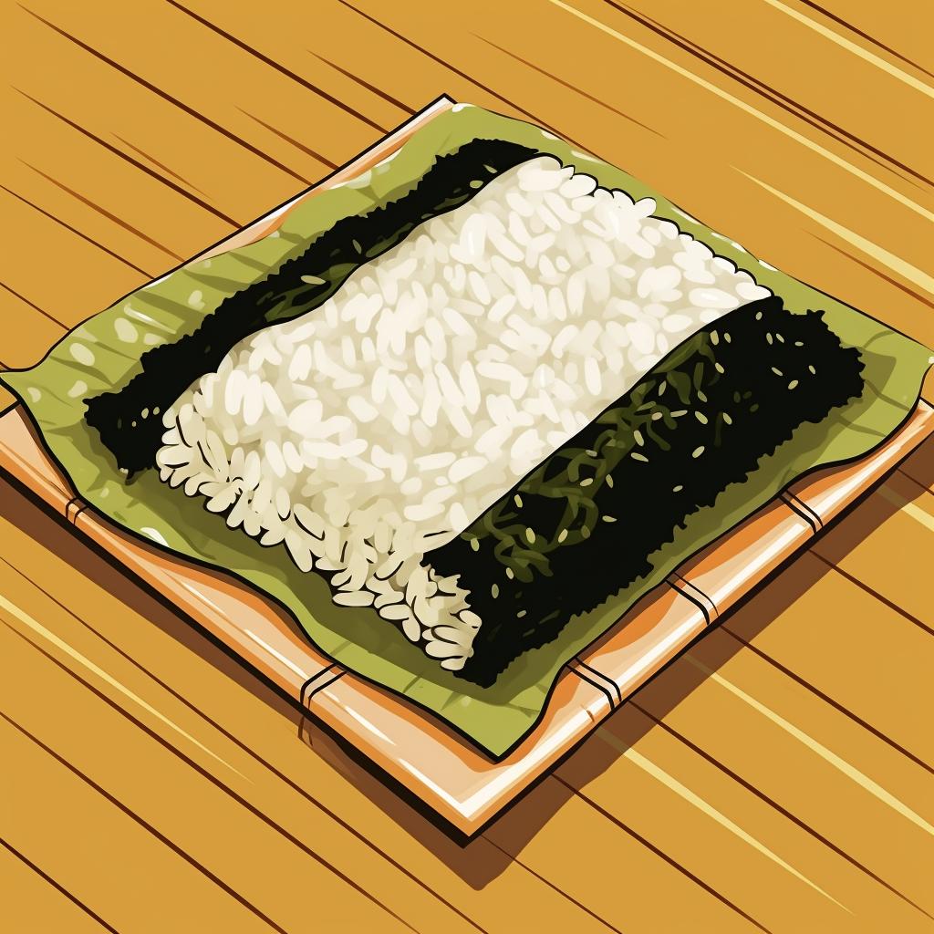 Flipped nori sheet with rice facing down on a bamboo sushi mat