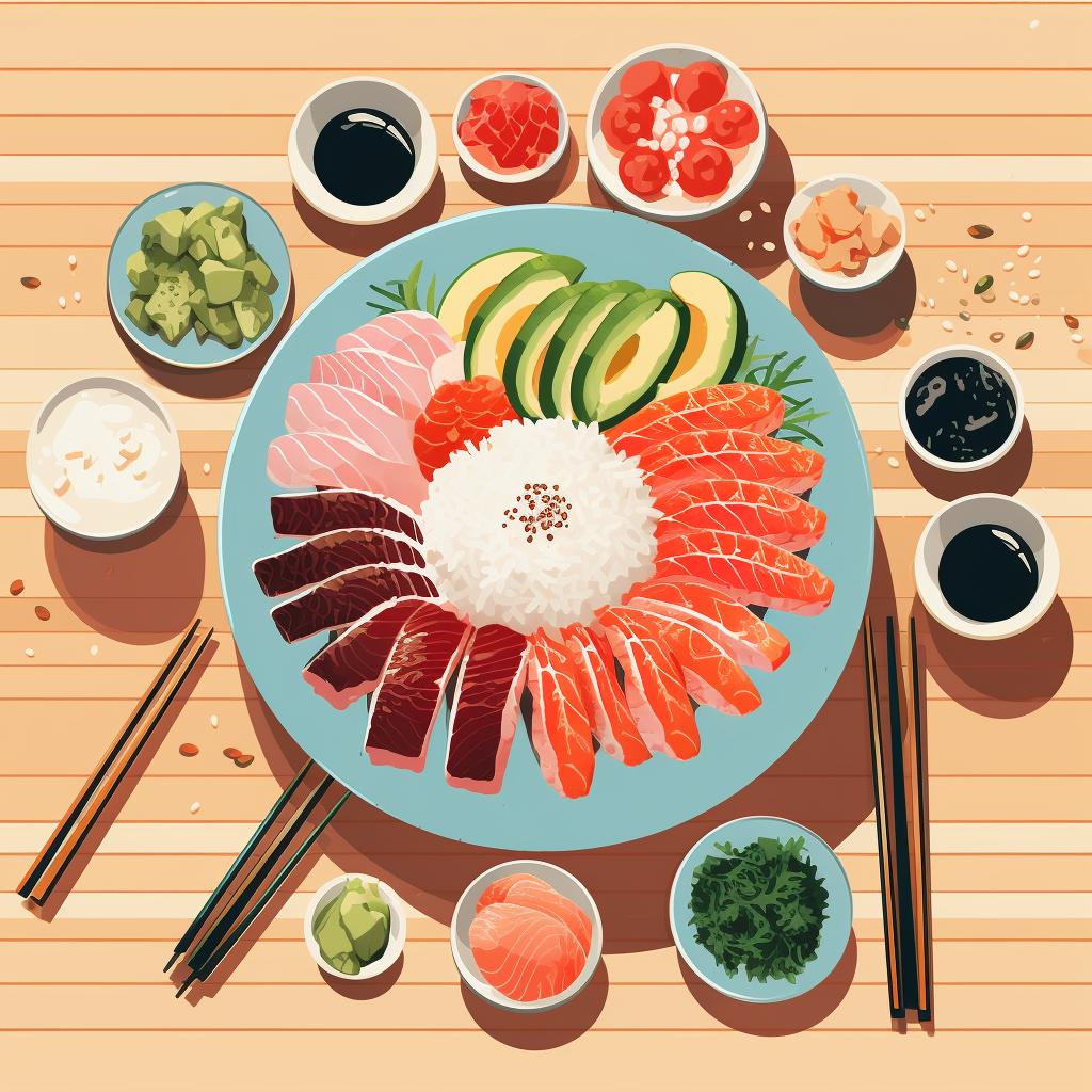 A variety of sushi ingredients neatly arranged on a table.