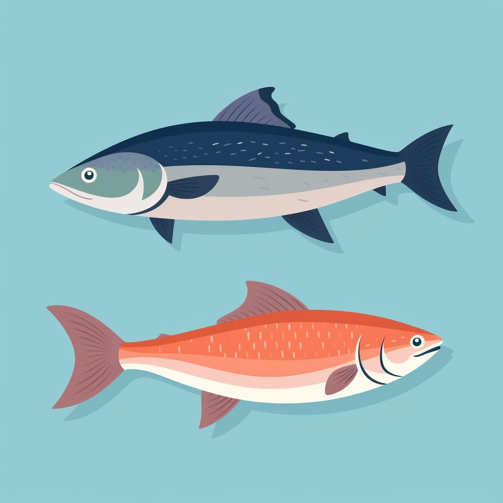 Illustration of different types of fish: Tuna, Salmon, and a farmed fish.