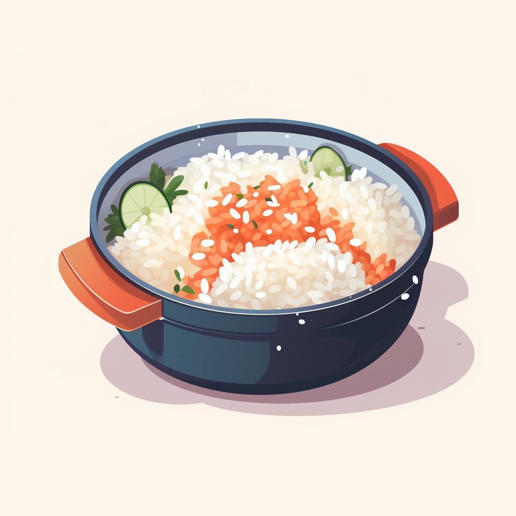A pot of freshly cooked sushi rice.