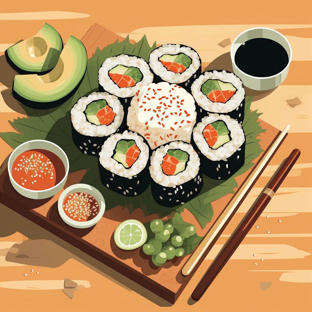 Ingredients for Uramaki laid out on a table