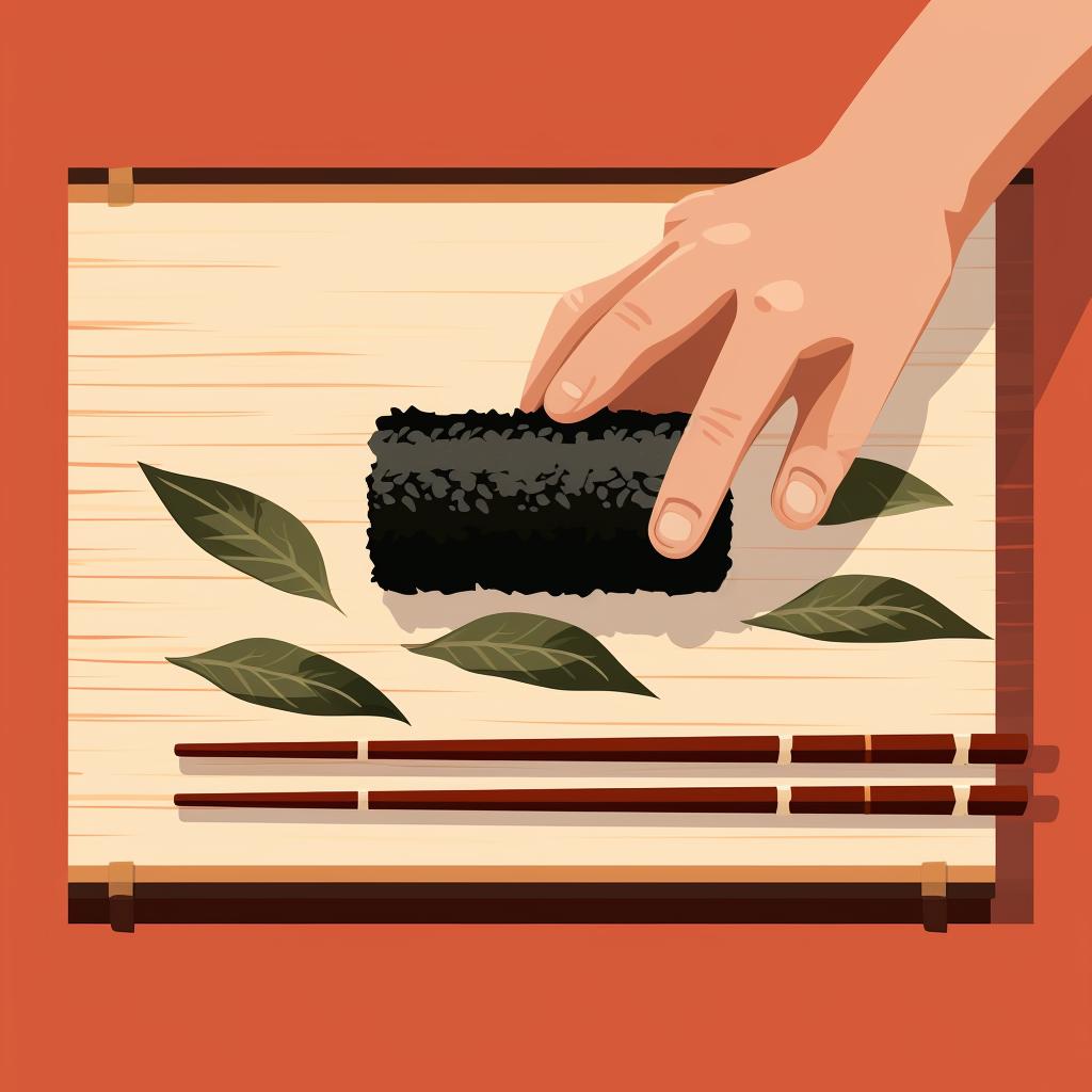 Hands using a bamboo sushi mat to roll the Uramaki