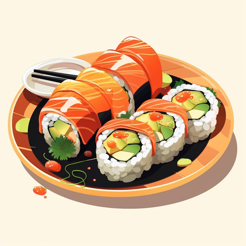 Sliced sushi roll served on a plate with condiments.