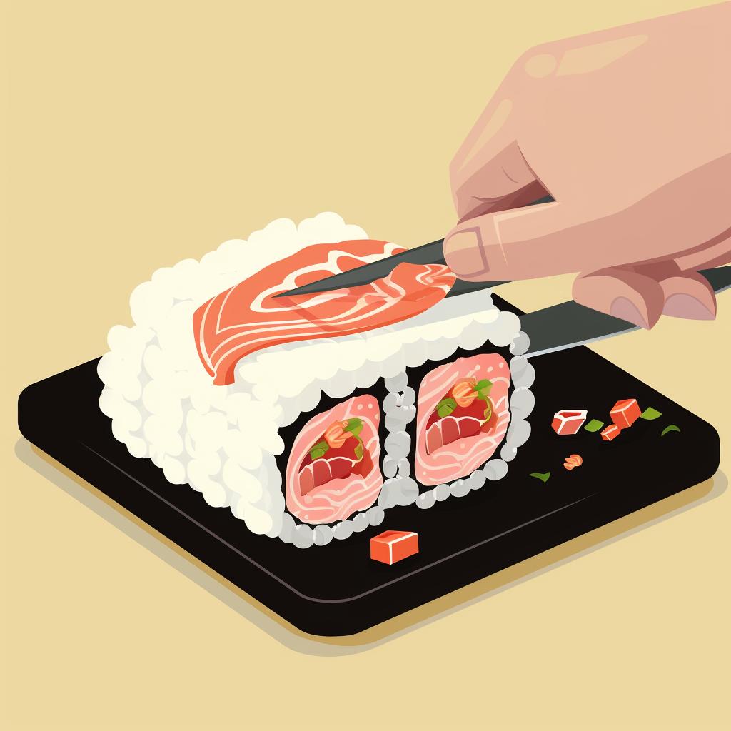 Uramaki roll being sliced into pieces