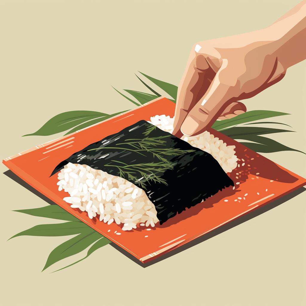 Hands spreading sushi rice on a nori sheet on a bamboo mat.