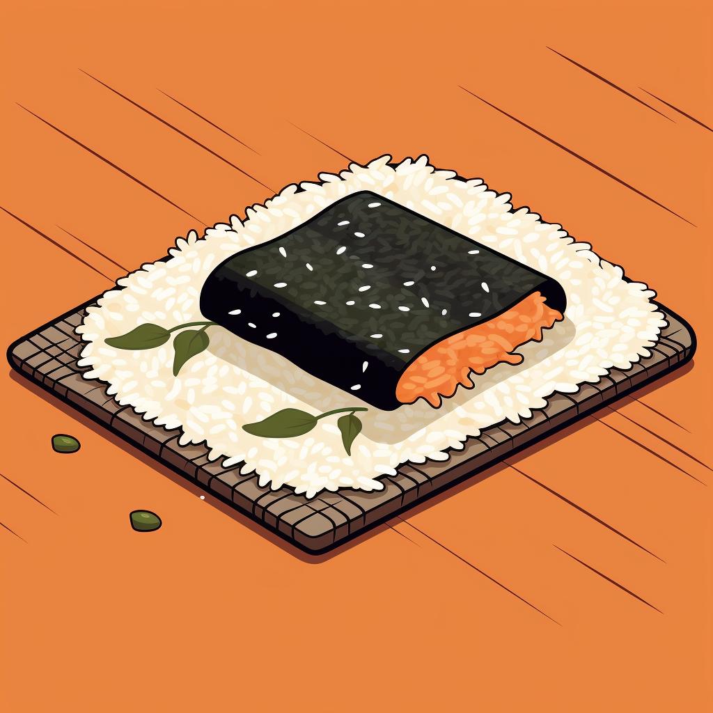 Sushi rice being spread on a nori sheet on a bamboo sushi mat