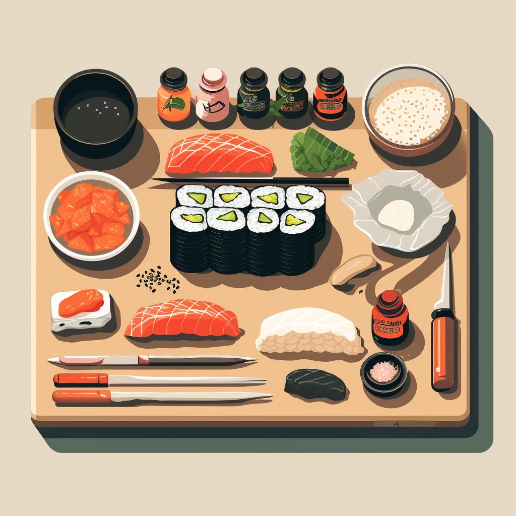A clean workspace with sushi ingredients and tools laid out.