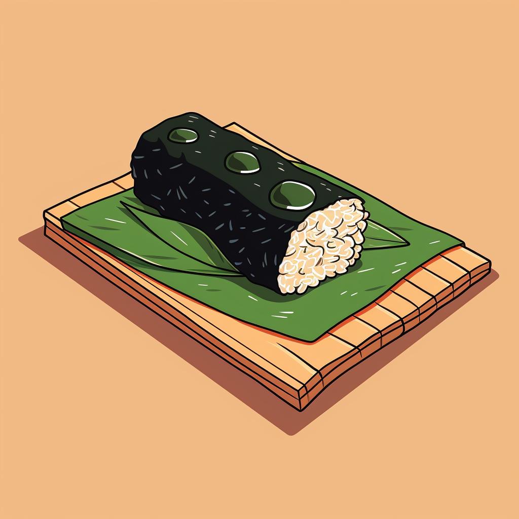 A sheet of nori placed on a bamboo sushi mat.