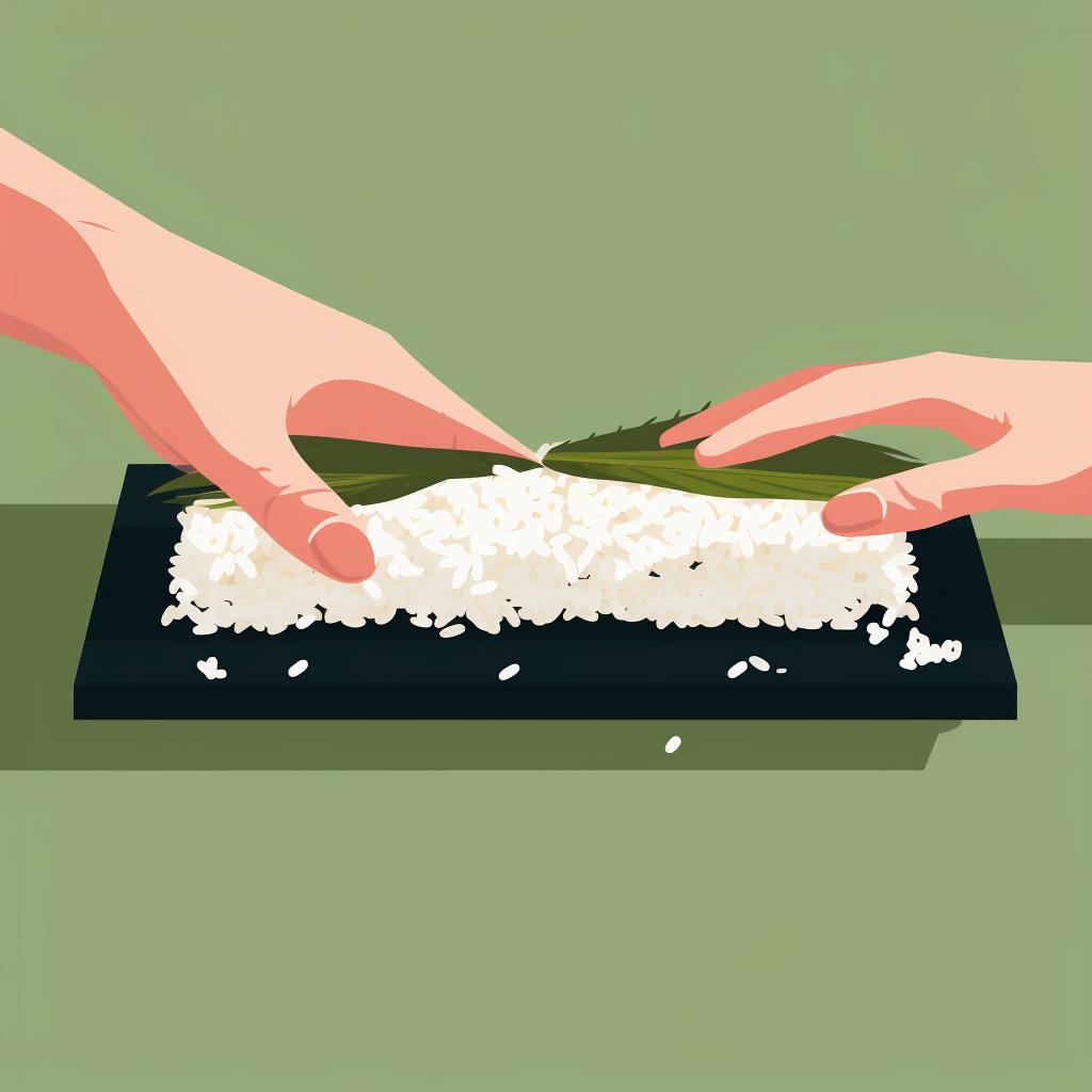 Hands spreading sushi rice on a nori sheet.