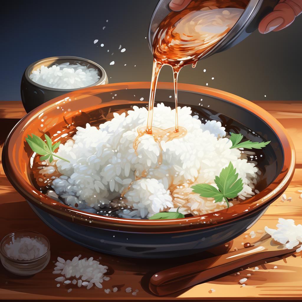 Seasoning the cooked sushi rice with a vinegar mixture
