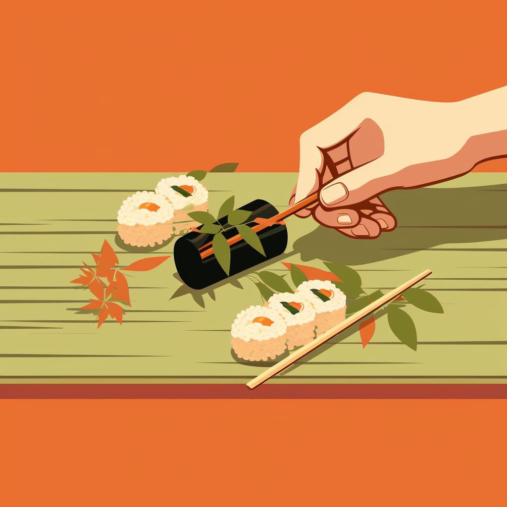 Hands using a bamboo mat to roll sushi.